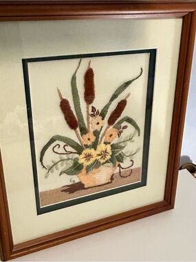Vintage Crewel Embroidery Wall Art 
 Floral Basket Wood Framed